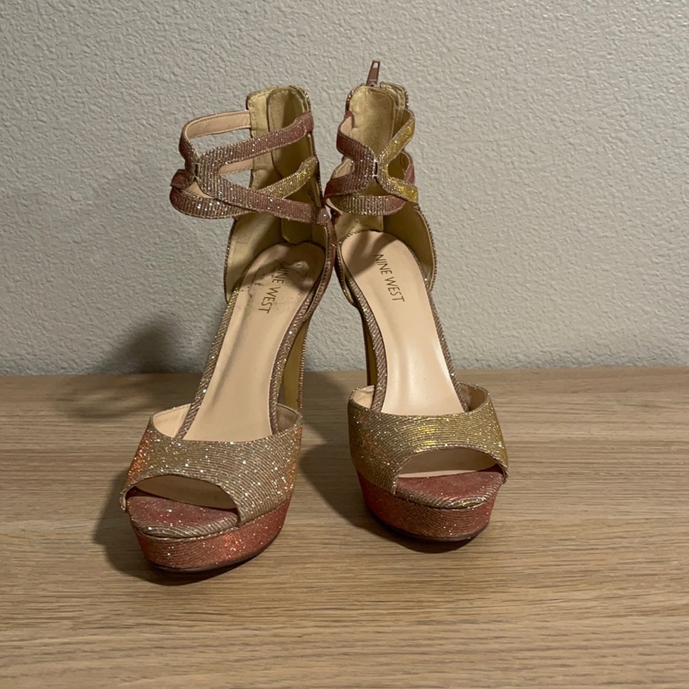 Rose Gold Glitter Peep Toe 5” Nine West Heels